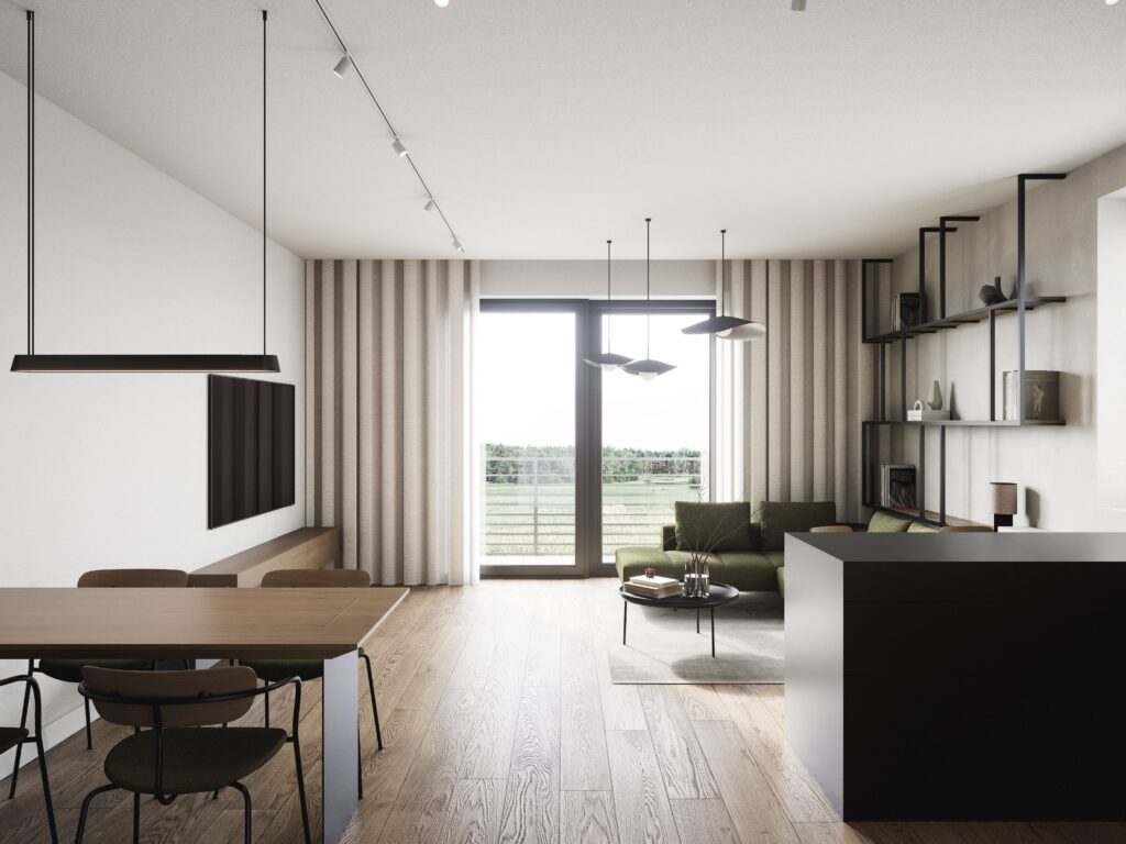 Společenská místnost apartmánu plešivec s kuchyňkou, mini barem, gaučem, televizí a výhledem na areál