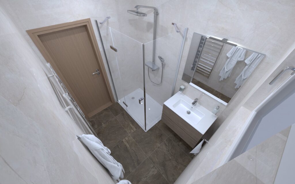 Koupelna apartmánu Plešivec se sprchou a umyvadlem