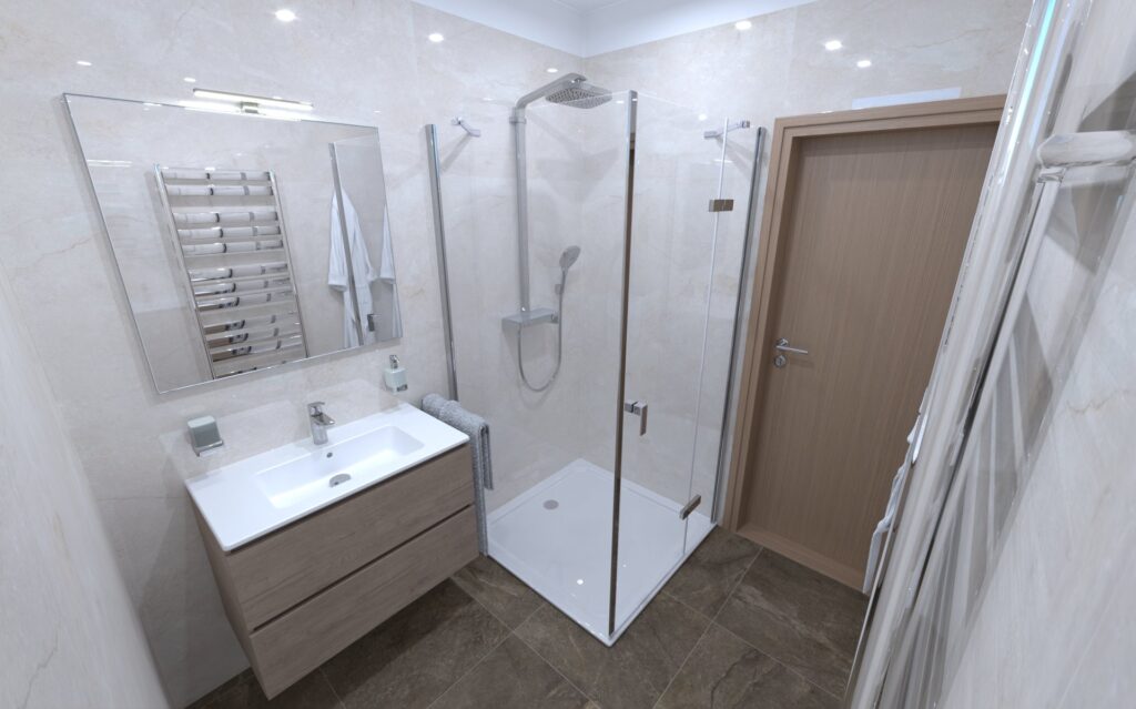 Koupelna apartmánu Plešivec se sprchou a umyvadlem