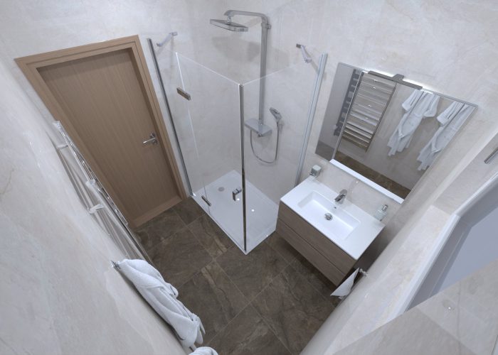 Koupelna apartmánu Plešivec se sprchou a umyvadlem