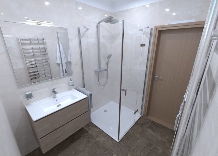 Koupelna apartmánu Plešivec se sprchou a umyvadlem